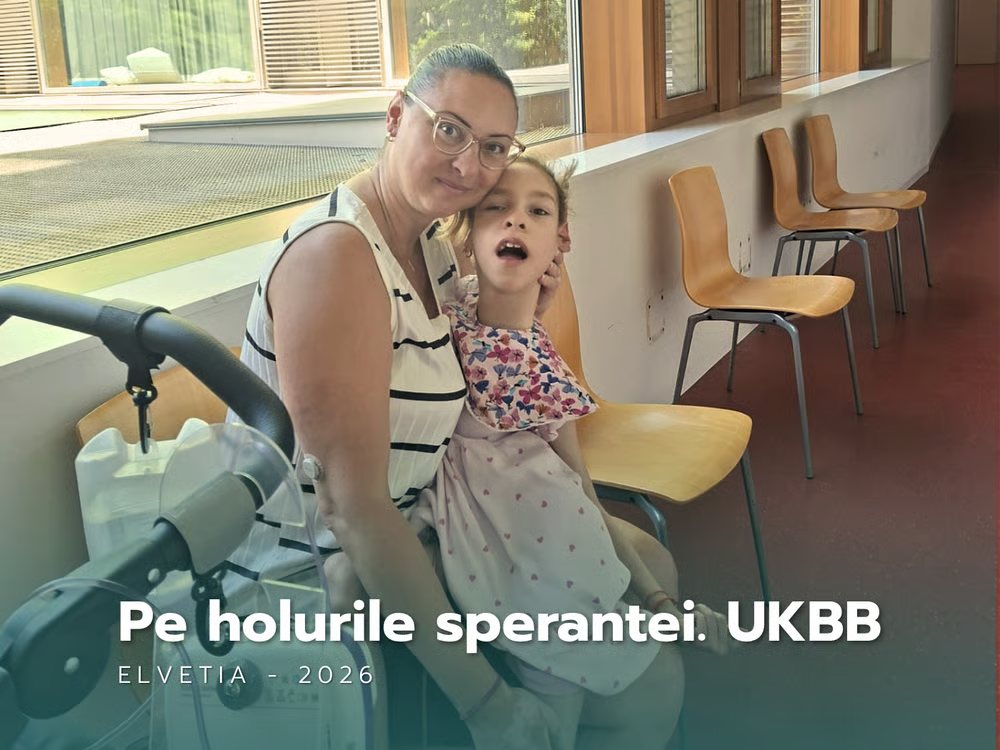 Mama și Sofia pe holul spitalului de copii UKBB, Basel