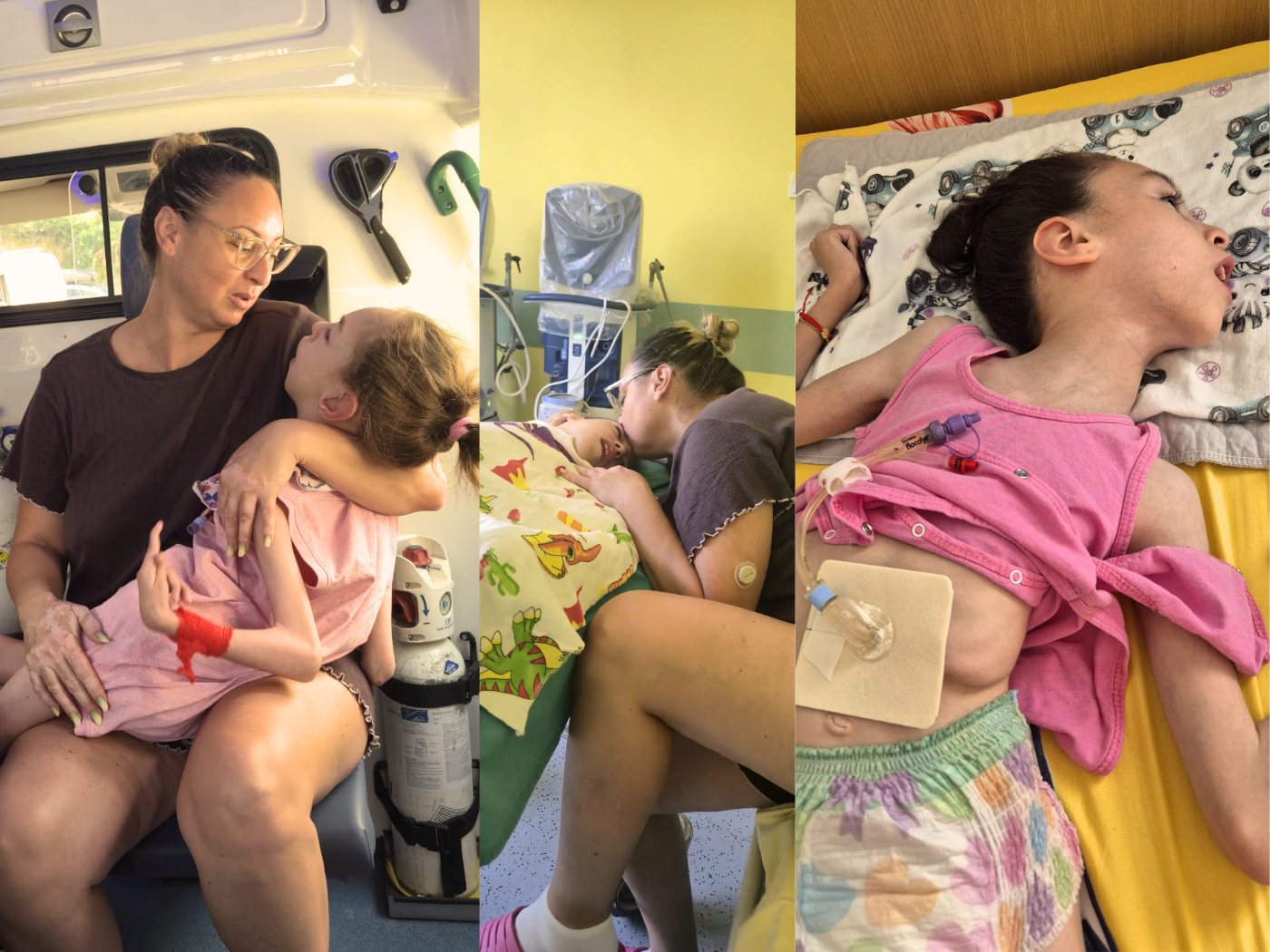 Colaj: drumul cu ambulanța, mama alături de Sofia în spital, și zona gastrostomei