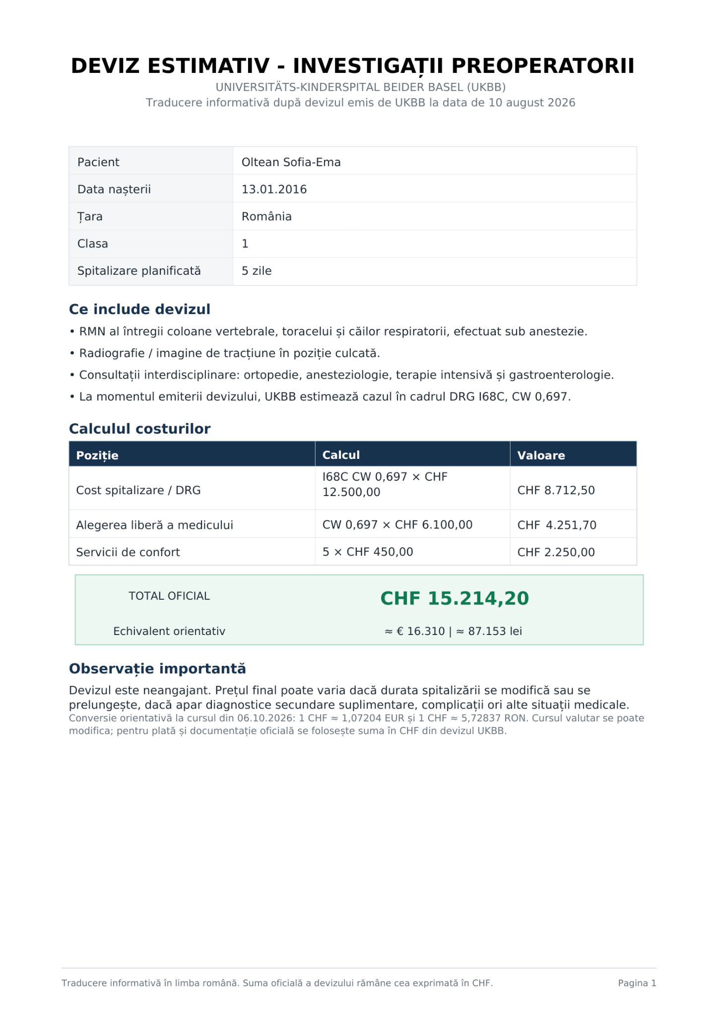 Informational Romanian translation of the UKBB Basel preoperative investigations estimate