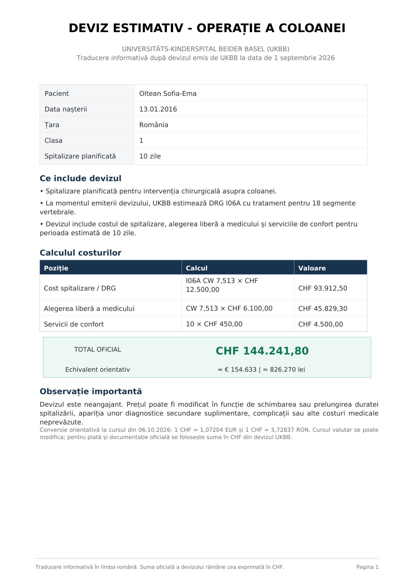 Informational Romanian translation of the UKBB Basel spinal surgery estimate