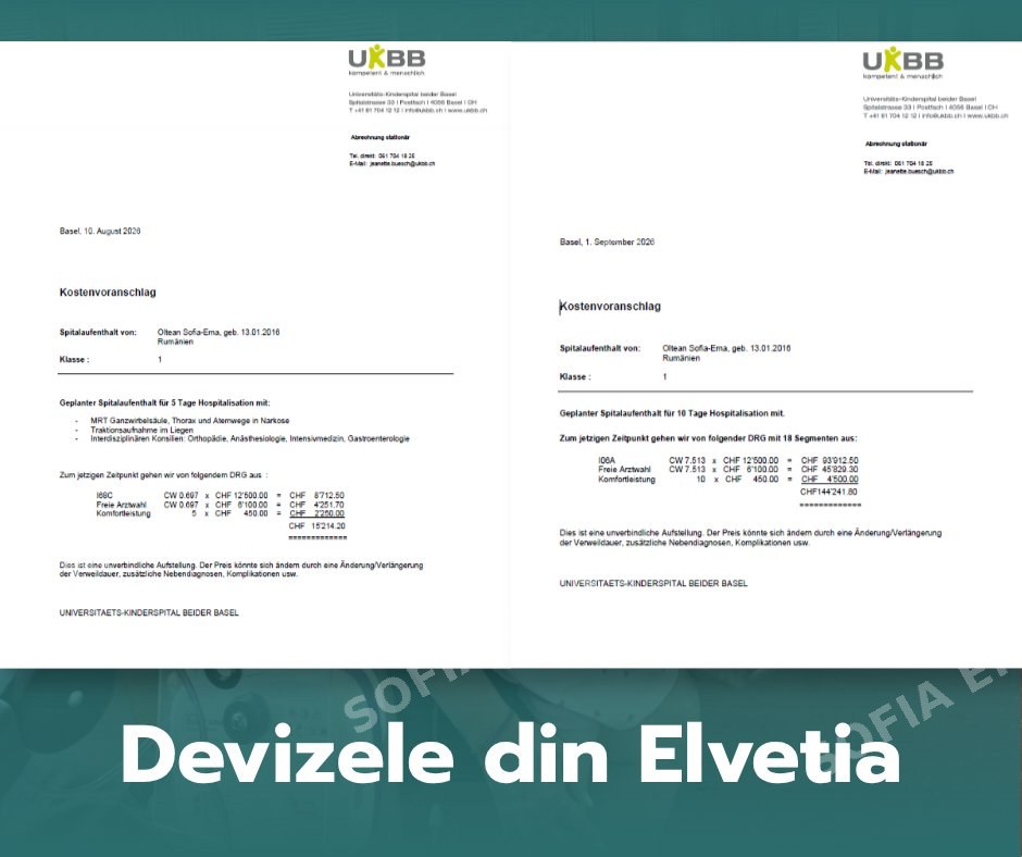 Devizele oficiale primite de la UKBB Basel, pentru evaluare și pentru intervenția chirurgicală
